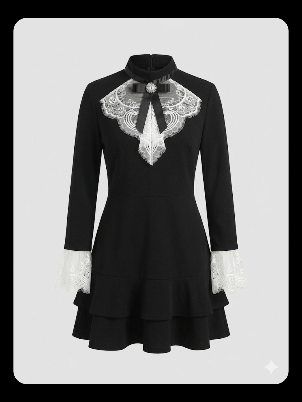 tle: Elegant Black Gothic Lolita Mini Dress with Lace Bib & Ruffle Hem